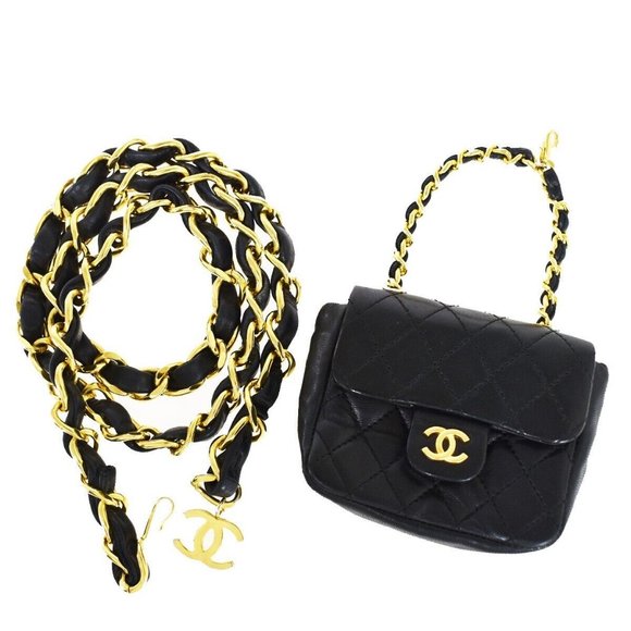Auth CHANEL CC Mini Matelasse Bag Charm Chain Belt Set Leather Black GHW - Picture 1 of 16